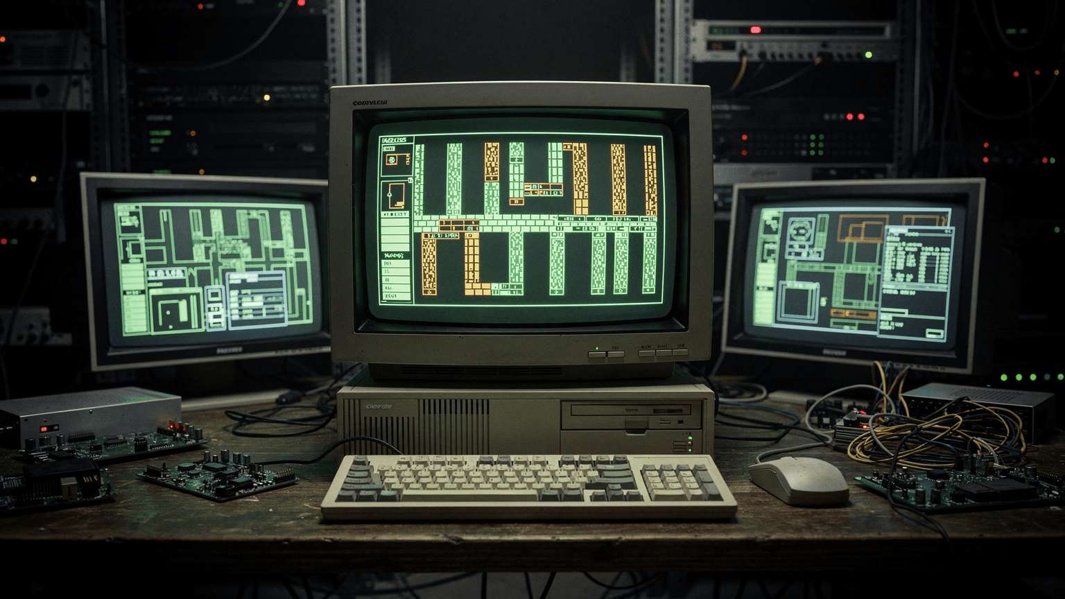 Retro terminal styled illustration representing DikuMUD administration and migration workflows.